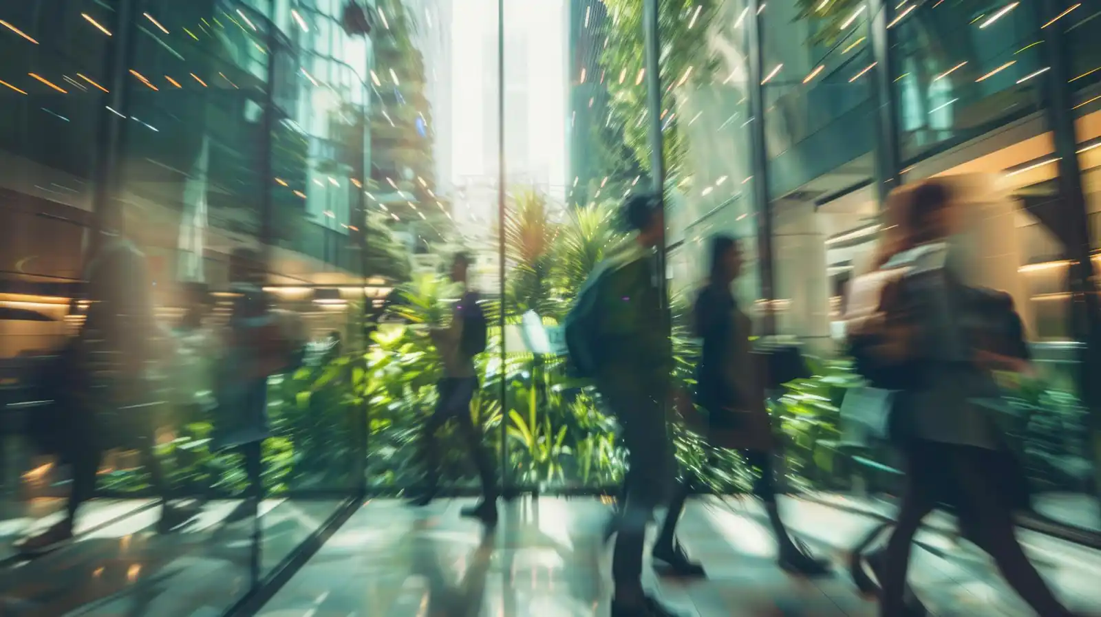 Profissionais em movimento num átrio corporativo cercado de vegetação